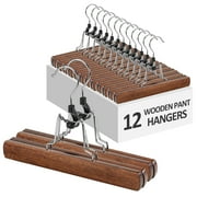BagDream 12 Pack Wooden Pants Hangers with Clips, Smooth Finish Solid Wood Non Slip Skirt Hangers Jeans Slack Clamp Hanger, Walnut