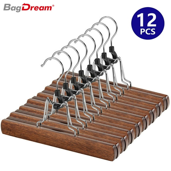 BagDream 12 Pack Wooden Pants Hangers with Clips Non Slip Skirt Hangers Walnut Trouser Clamp Hanger Solid Wood Hanger with 360° Swivel Hook