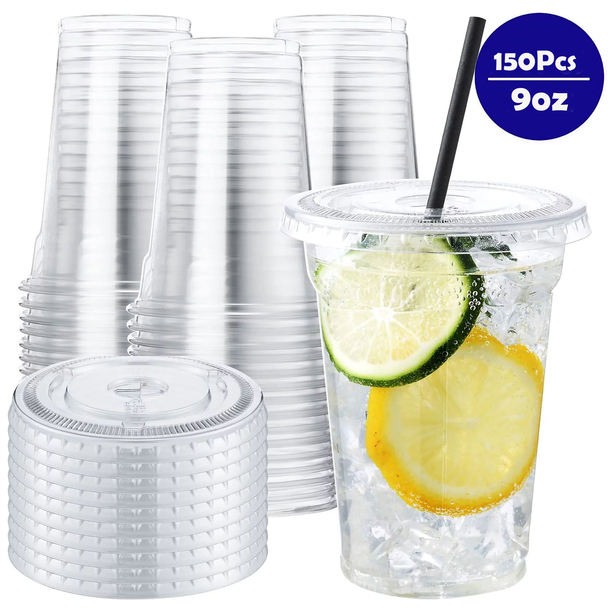 BagDream 150 Sets 9 oz Plastic Cups with Lids Clear Disposable