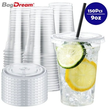BagDream 150 Sets 9 oz Plastic Cups with Lids, Disposable Drinking Cups for Cold Drinks, Smoothie, Iced Coffee, Graduation Party Favors Supplies
