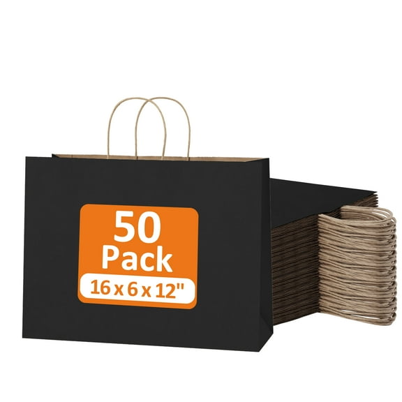 BagDream 50 Pack Large Kraft Paper Bags with Handles 16x6x12 Inch Black Paper Bag Kraft Shopping Bags for Business Merchandise Wedding Party Favor Bag