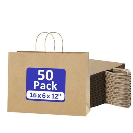 BagDream 50Pcs Large Paper Gift Bag with Handles, 16x6x12 inches Recyclable Brown Kraft Paper Bags Shopping Bags for Small Business, Grocery, Party Favors