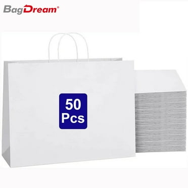 BagDream 16x6x12 inches Large White Paper Bags with Handles 50Pcs Kraft Paper Bags Recycled Bulk for Shopping Bags, Gift Bags, Retail Bags