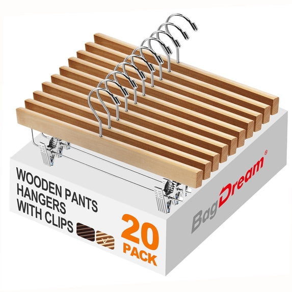 BagDream 20 Pack Wooden Pants Hangers with Clips, 14 Inch Wood Skirt Hangers Trousers Bottom Hangers for Jeans, Slacks, Shorts, Natural