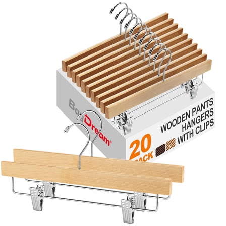 BagDream 20 Pack Wooden Pants Hangers with Clips, 14 Inch Wood Skirt Hangers Trousers Bottom Hangers for Jeans, Slacks, Shorts, Natural