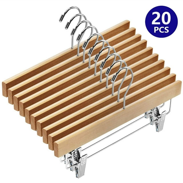 BagDream 20 Pack Wooden Pants Hangers 14 Inch Natural Wood Skirt Hangers Trousers Bottom Hangers