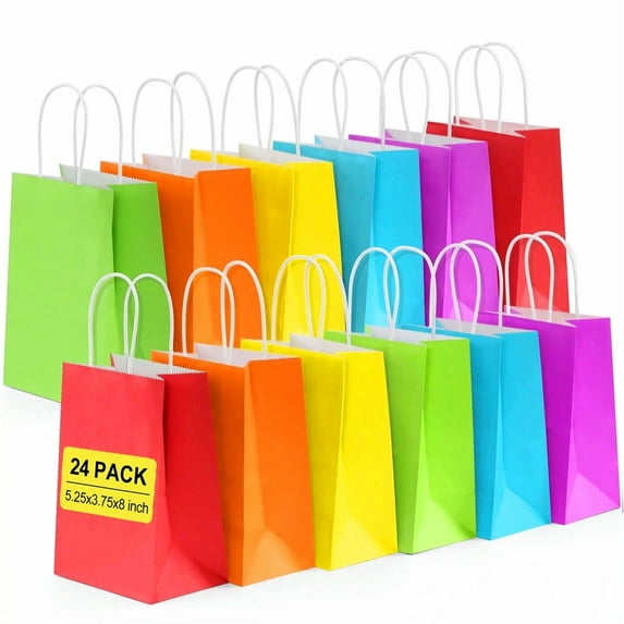 BagDream 24 Pack Rainbow Gift Bags with Handles, 5" Multi-Color Paper Party Favor Bags for Goodies. Birthdays, Christmas, Wedding & Celebrations, 5.25x3.75x8"
