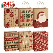 BagDream 24Pcs Christmas Kraft Gift Bags with Handles for Present Wrapping, 6 Assorted Kraft Paper Goody Treat Candy Bags for Xmas Decor Supplies and Party Favo