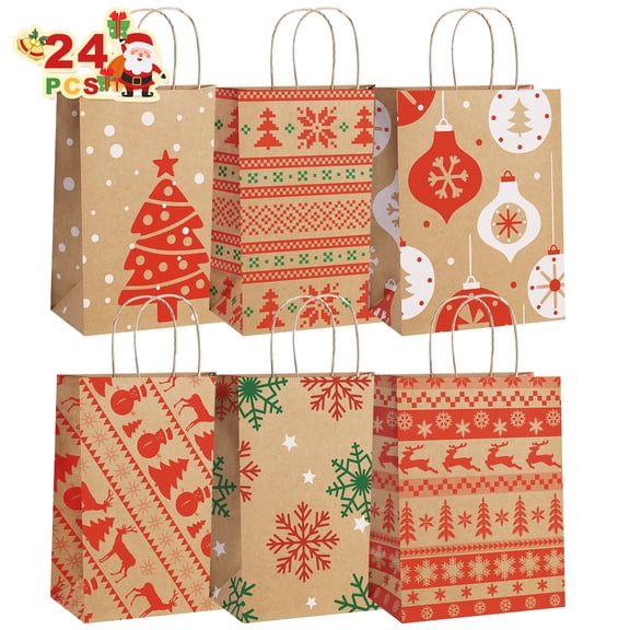 BagDream 24Pcs Medium Christmas Paper Gift Bags with Handles, 6 Designs 8x4.25x10.5" Christmas Kraft Paper Treat Bags for Christmas, Party Favors and Holiday Decor