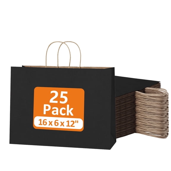 BagDream 25 Pack Large Kraft Paper Bags with Handles 16x6x12 Inch Black Paper Bag Kraft Shopping Bags for Business Merchandise Wedding Party Favor Bag