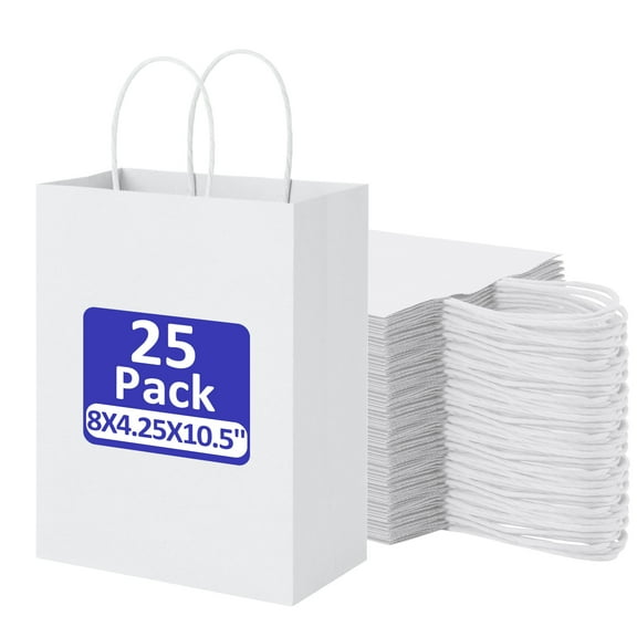 BagDream 25 Pack Paper Gift Bags, 8x4.25x10.5 White Kraft Paper Bags with Handles Bulk for Shopping Bags Retail Merchandise Bags Grocery Bags Takeout Bags
