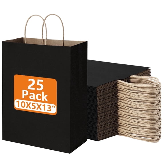 BagDream 25Pcs Black Paper Gift Bags with Handles 10x5x13" Kraft Paper Bags for Business, Shopping, Grocery, Retail, Birthday, Father's Day and Party Favor