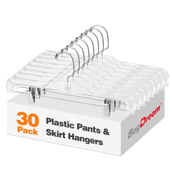BagDream 30 Pack Clear Plastic Skirt Hangers with Clips, 14 Inch Pants Hangers 360-Rotating Swivel Hook, Clip Hangers for Pants, Trousers, Skirts