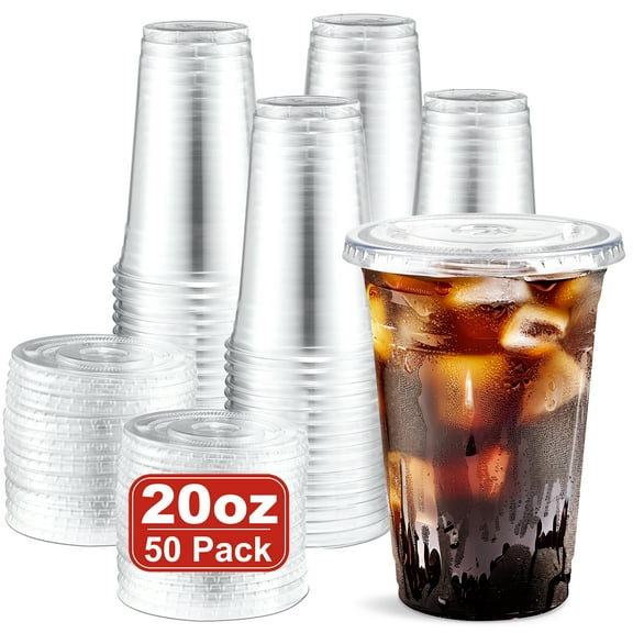 BagDream 20 oz Clear Plastic Cups with Flat Lids, 50 Pack Disposable Plastic Coffee Cups for Smoothie, Milkshake, Iced Coffee, Cold Drinks, Party