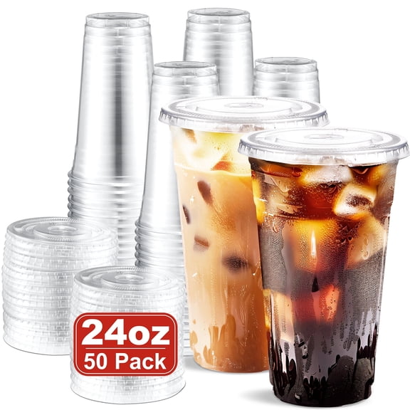 BagDream 50 Pack 24 oz Clear Plastic Cups with Lids, Disposable Clear Ice Coffee Cups with Lids for Cold Drinks, Smoothies, Party Supplies