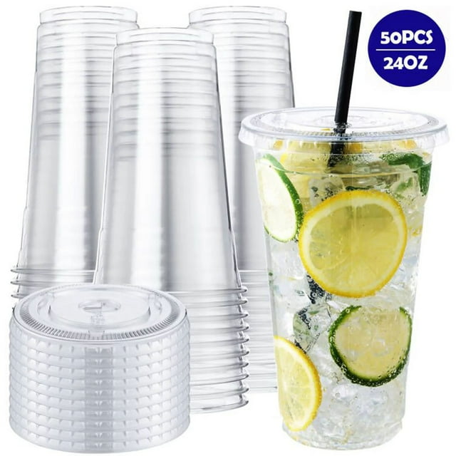 BagDream 50 Pack 24 oz Clear Plastic Cups with Lids, Disposable Clear