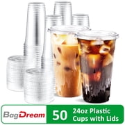 BagDream 50 Pack 24 oz Clear Plastic Cups with Lids, Disposable Clear Ice Coffee Cups with Lids for Cold Drinks, Smoothies, Party Supplies