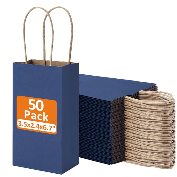 BagDream 50 Pack Mini Navy Blue Gift Bags with Handles Kraft Paper Bag for Party Favors, Wedding, Retails, Birthday, Baby Showers, 3.5x2.4x6.7 inches