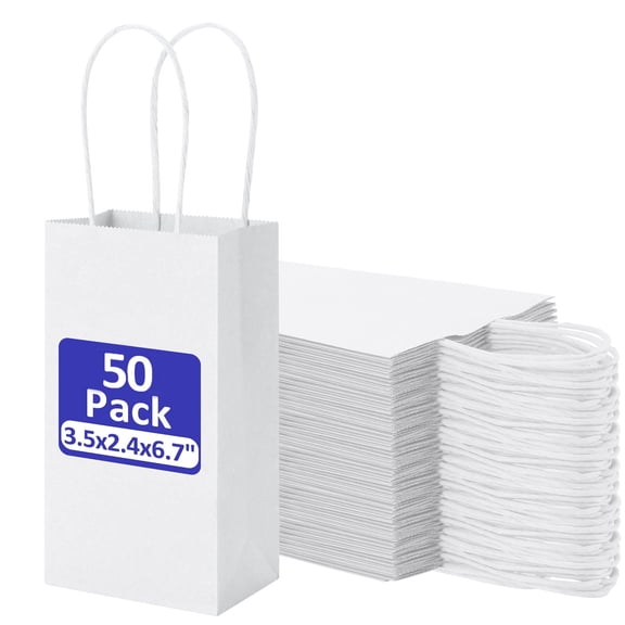 BagDream 50 Pack 3.5x2.4x6.7" Mini Gift Bags with Handles Small White Kraft Paper Bags Bulk for Party Favor Grocery Retail Shopping Business