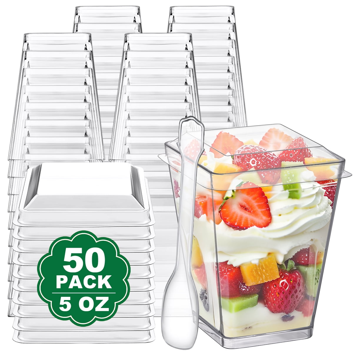 BagDream 50 Pack 5 oz Plastic Dessert Cups with Lids and Spoons, Yogurt Parfait Appetizer Cups Mini Dessert Shooter Cups for Pudding, Fruit and Ice Cream