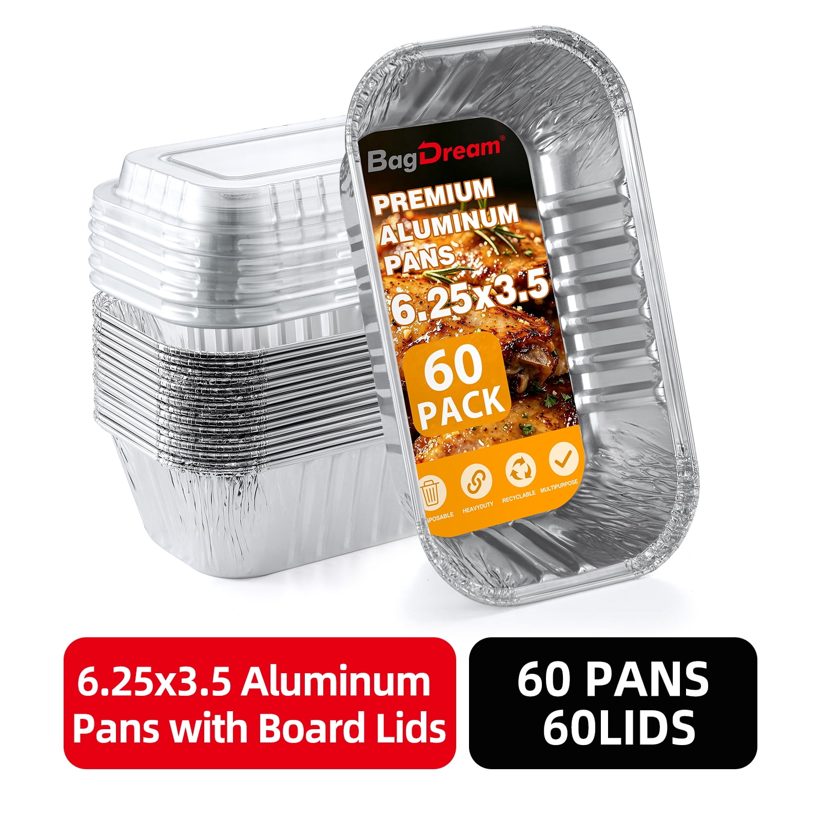 BagDream 60 Pack 6.25x3.5 Disposable Aluminum Loaf Pans with Lids, Small Foil Tin Pans for Meal Prep, Cooking, Roasting, Heating