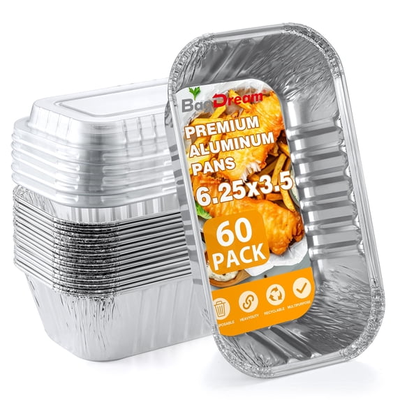 BagDream 60 Pack 6.25x3.5 Disposable Aluminum Loaf Pans with Lids Small Foil Tin Pans for Meal Prep, Cooking, Roasting, Heating