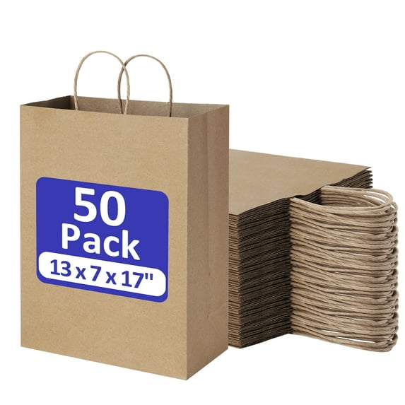 BagDream 50 Pack Paper Gift Bags 13x7x17 Recyclable Brown Kraft Paper Bags with Handles Bulk Party Bags, Shopping Bags, Retail Bags, Merchandise Bags