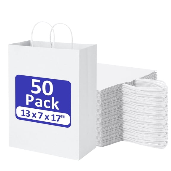 BagDream 50 Pack Large White Gift Bags with Handles, 13x7x17" Recyclable Kraft Paper Bags for Baby Shower, Wedding, Birthday and Christmas Day
