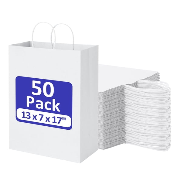 BagDream 50 Pack White Gift Bags with Handles, 13x7x17" Recyclable Kraft Paper Bags Shopping Bags for Valentine's Day, Mother's Day, Baby Shower, Wedding and Birthday