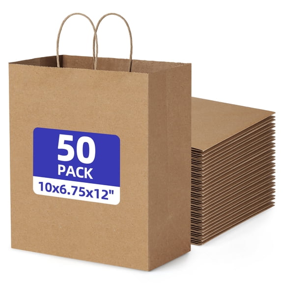 BagDream 50Pcs Brown Gift Bags with Handles 10x6.75x12 Large Kraft Paper Bags Recycled for Retail Grocery Takeout Shopping Merchandise Party Favor