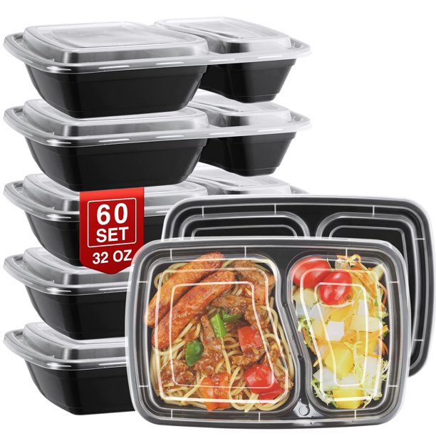 BagDream 60 Pack 32 oz Disposable Meal Prep Containers, 2 Compartments