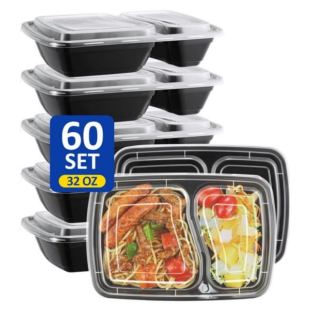 BagDream 60 Pack 32 oz Meal Prep Container, 2 Compartment Plastic Food