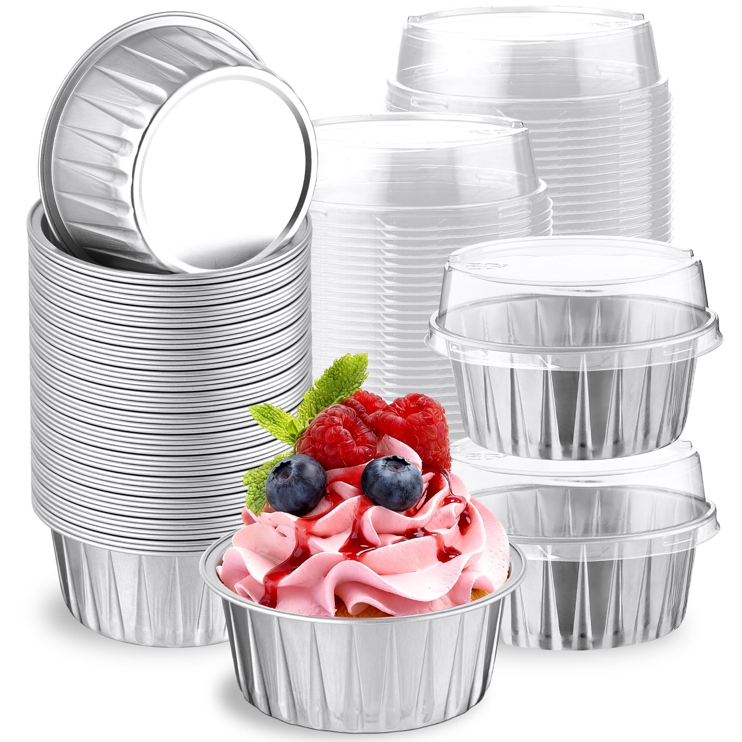 BagDream 60 Pack 5oz Aluminum Foil Baking Cups, Mini Cake Pans with Lids, Disposable Dessert Cupcake Cups for Wedding Birthday Party, Silver