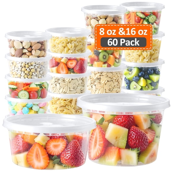 BagDream 8oz/16oz Food Storage Containers with Lids, 60 Sets Plastic Deli Containers Soup Containers for Restaurant, Meal Prep Containers, Stackable, Leakproof, Freezer/Dishwasher/Microwave