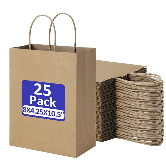 BagDream 25Pcs Brown Kraft Paper Bags with Handles, Paper Gift Shopping Bags Medium Size for Wedding, Mother's Day, Baby Show and Birthday, 8"x4.25"x10.5"