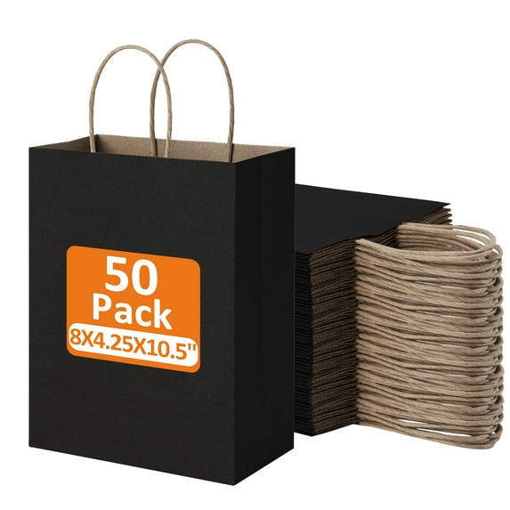 BagDream 50 Pack Paper Gift Bags, 8x4.25x10.5 Black Kraft Paper Bags with Handles Bulk for Shopping Bags Retail Merchandise Bags Grocery Bags Takeout Bags