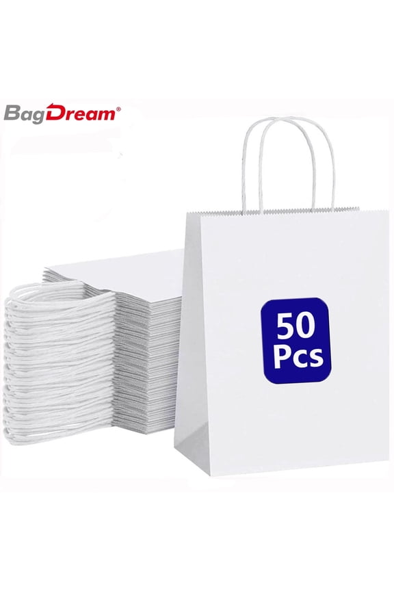 8x4.25x10.5 inches 50 Pack Medium Kraft Paper Bags White Paper Gift Bags with Handles for Wedding, Mother's Day, Baby Show, Birthday Party and Graduation