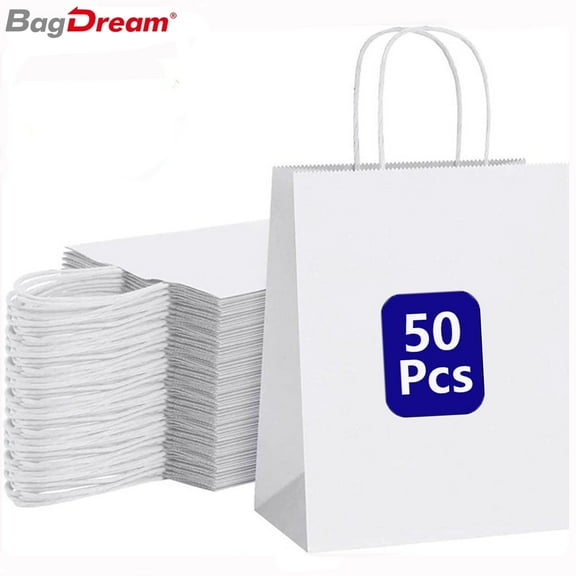 BagDream 8x4.25x10.5 inches 50 Pack Medium Kraft Paper Bags White Paper Gift Bags with Handles for Wedding, Mother's Day, Baby Show, Birthday Party and Graduation