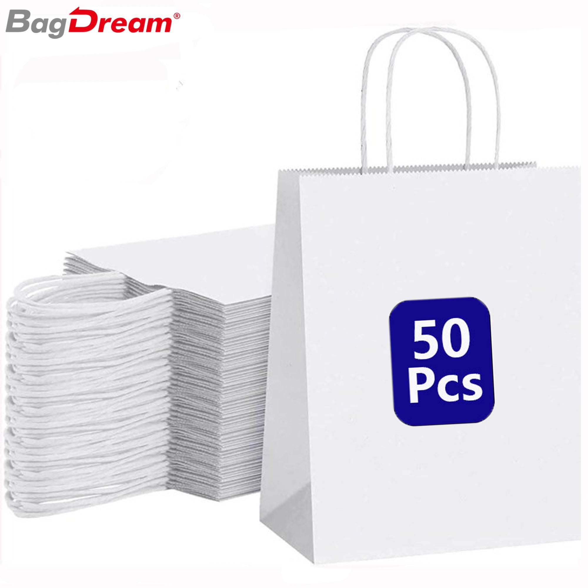 BagDream 100Pcs White Kraft Paper Gift Bags 8x4.25x10.5 with Handles Shopping Bags Bulk for Grocery Retail Merchandise Walmart