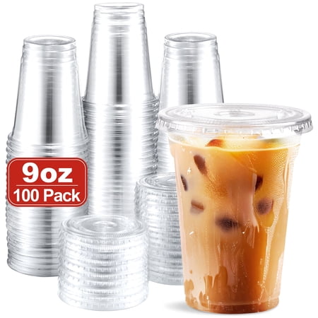 BagDream 100 Pack 9 oz Clear Plastic Cups with Lids, Disposable Iced Coffee Cups with Lids for Cold Drinks, Iced Tea, Milkshakes, Smoothies