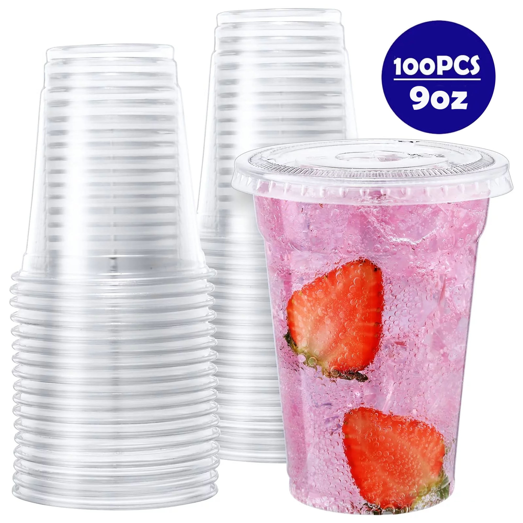 BagDream 9 oz Plastic Cups with Lids 100 Sets, Disposable Clear Cups