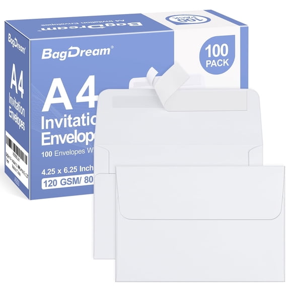 BagDream 100 Pack 4x6 White A4 Envelopes, 4.25 x 6.25 Invitation Envelopes Self Seal for Weddings, Invitations, Greeting Cards & Mailing