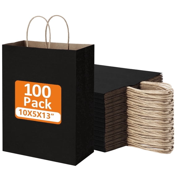 BagDream 100 Pack Black Paper Gift Bags with Handles 10x5x13 Kraft Paper Bags for Business, Shopping, Grocery, Retail, Birthday, Father's Day and Party Favor