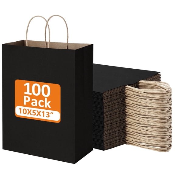 BagDream Black Paper Gift Bags with Handles Kraft Paper Bags for Business, Shopping, Grocery, Retail, Birthday and Party Favor, 10x5x13", 100 Pack