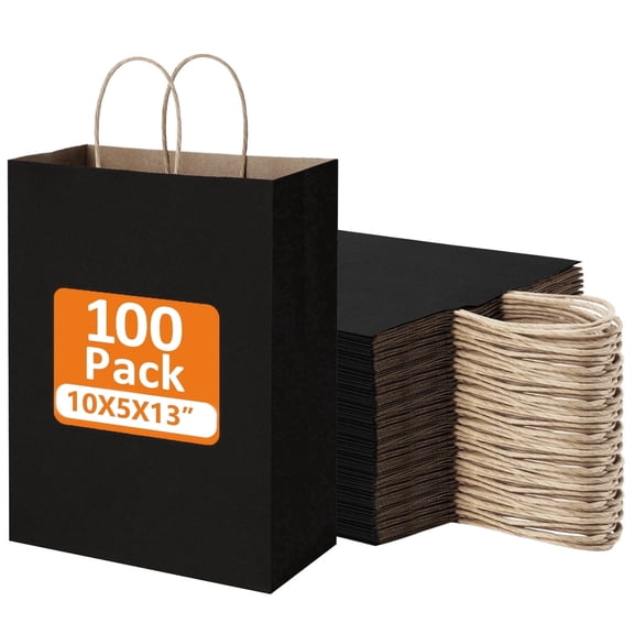 BagDream 100 Pack Black Paper Gift Bags with Handles 10x5x13 Kraft Paper Bags for Business, Shopping, Grocery, Retail, Birthday, Father's Day and Party Favor