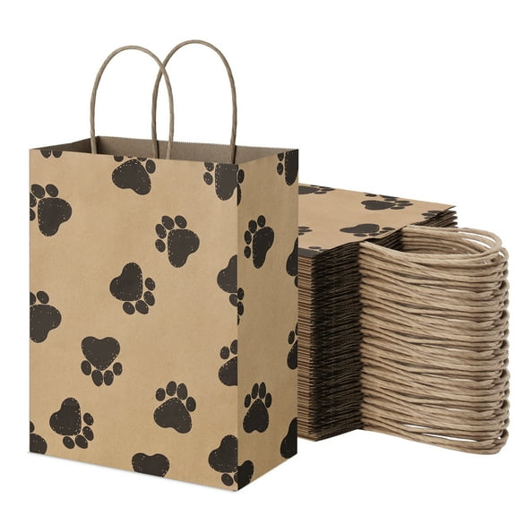 BagDream 25Pcs Brown Gift Bags with Handles, Puppy Dog Paw Print Goodie Bags for Animal Party Favor, Retail Bags, Party Bags, 8x4.25x10.5 Inches
