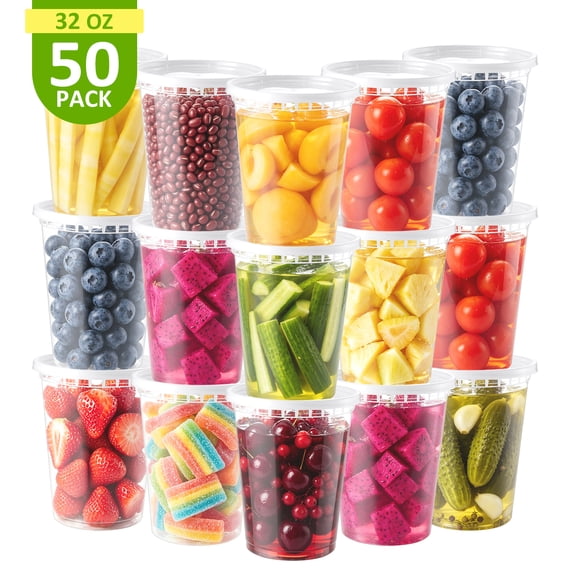 BagDream 50 Pack Airtight Deli Containers with Lids, 32oz Plastic Food Storage Containers Microwave Freezer Dishwasher Safe for Takeout & Storage