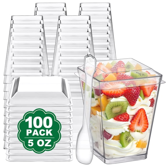 BagDream 100 Pack 5 oz Plastic Dessert Cups with Lids and Spoons, Yogurt Parfait Appetizer Cups Mini Dessert Shooter Cups for Pudding, Fruit and Ice Cream