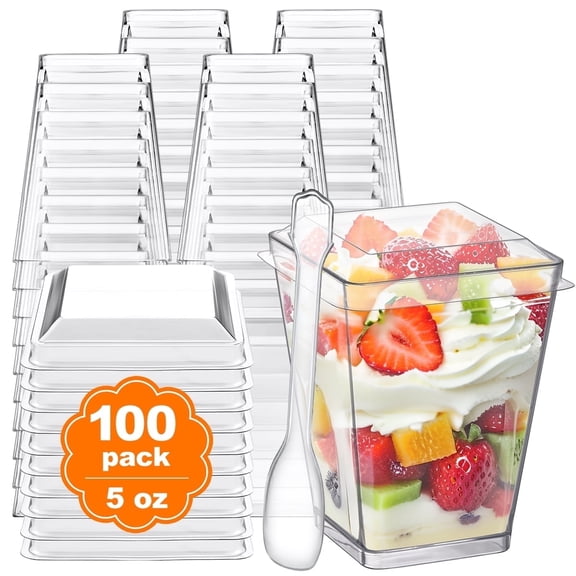 BagDream 5 oz Plastic Dessert Cups with Lids and Spoons, 100 Pack Clear Small Yogurt Parfait Cups Mini Dessert Shooter Cups for Party Pudding Ice Cream