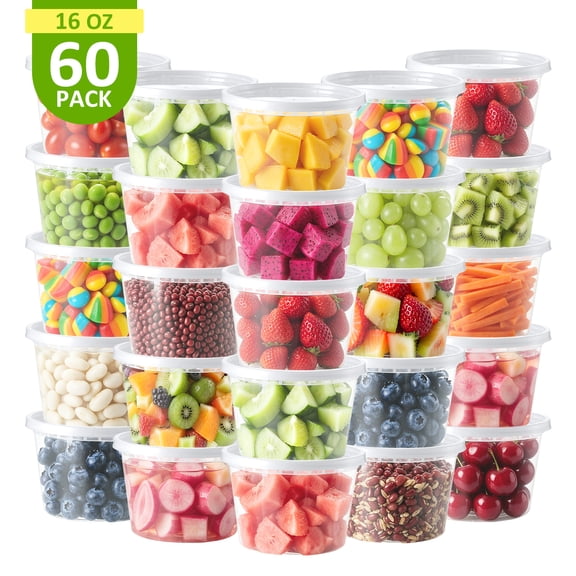 BagDream Airtight Deli Containers with Lids 60 Pack, 16oz Plastic Food Storage Containers Microwave Freezer Dishwasher Safe for Takeout & Storage